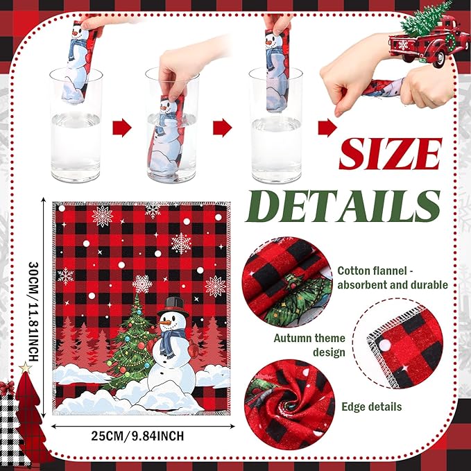 36 Pcs Christmas Reusable Paper Towels Rolls Washable Bulk Christmas Snowman Snowflake Red Plaid Kitchen Towels Paperless Reusable Cloth Cotton Napkins with Cardboard for Kitchen Bathroom