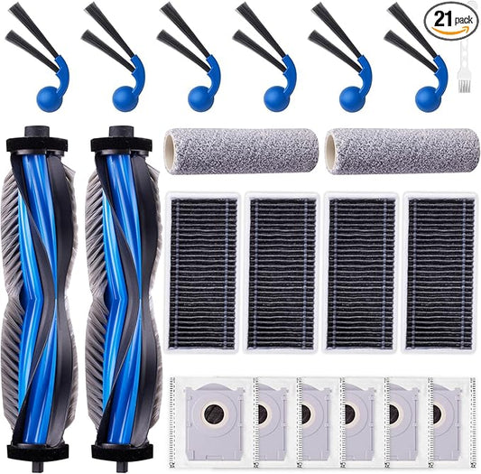 EOVWAEO 21 Pack Accessories Kit for ECOVACS DEEBOT T80 Omni Robot Vacuum, Replacement Parts 2 Anti Tangle Main Brush 2 Roller Mop 6 Dust Bags 6 Sidebrush 4 Filter 1 Cleaning Brush