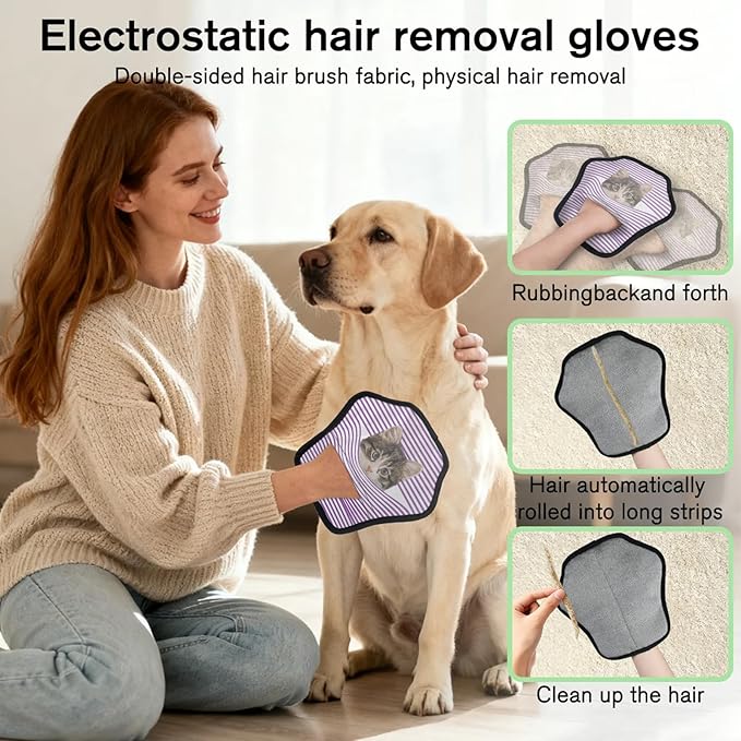 Personalized Pet Hair Remover Glove for Dogs & Cats - Custom Photo & Name Magic Brush for Dog Cat Hair Removal, Reusable Electrostatic Pet Hair Gloves for Furniture Carpet Couch, Purple Stripe