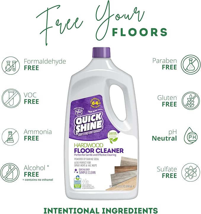 Quick Shine Hardwood Floor Cleaner 64oz, 4Pk| Use in Spray & Vac Mops| Removes Dirt & Scuff Marks| Ready-to-Use, Streak Free, No Rinse| Safer Choice Cleaner| Perfect for Gentle and Effective Cleaning