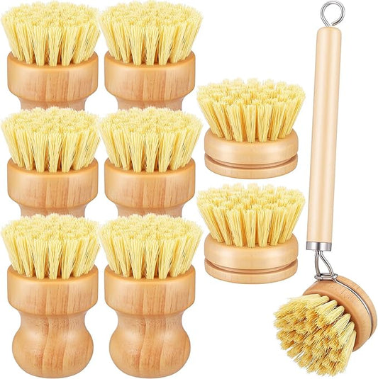 IANFAN 9 Pcs Bamboo Dish Brush Set, Multifunctional Dishwashing Scrubber with Natural Sisal Bristles, Wooden Dish Brush for Cleaning Pots, Dishes, Pans, Vegetables