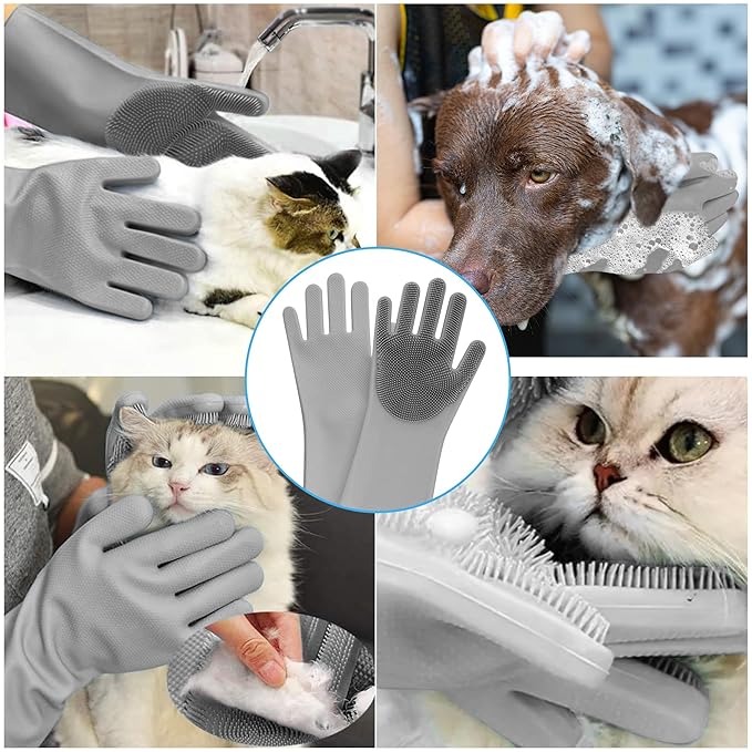 ZENELANEP Pet Grooming Gloves - High-Density Silicone Gloves with Enhanced Five Finger Design for Massaging and Bathing Dogs and Cats (Grey)