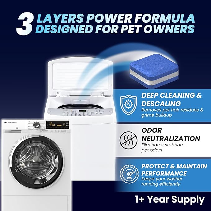 Washing Machine & Dishwasher Cleaner Tablets for Pet Owners - Front & Top Load Washer Deep Clean - Remove Pet Hair & Odors - Hard Water Descaler with Citric Acid - HE & Septic Safe - 56 Tabs - Lemon S