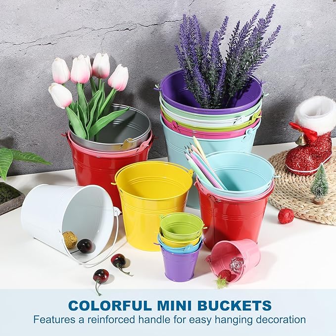 PATIKIL 2.7"x2.3" Small Metal Buckets with Handle, 12 Pcs Mini Galvanized Bucket Colorful Easter Buckets for Crafts Party Favors Decoration, Rose Red