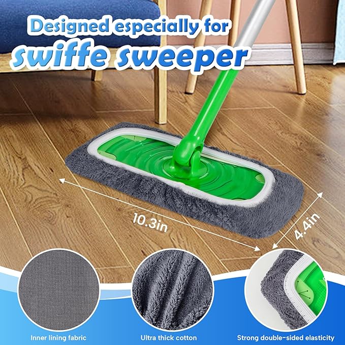 ZEHRAI 6 Pack Reusable Microfiber Mop Pads Compatible with Swiffer Sweeper Mop, Dry Sweeping Cloths & Wet Mopping Cloths, Washable Wet Pads Refill for Hardwood Surface Floor Cleaning