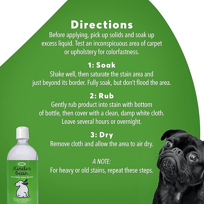 Kinderbean Dog & Cat Urine Stain and Odor Eliminator for Carpet, Upholstery, Hard Floors - Single 24 oz., Grapefruit Tea Tree Scent, Enzyme Bio-Active Formula with Squeeze and Spray Top