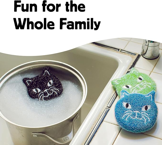 Kikkerland Reusable Cat Scrub Sponge – Cleaning Supplies for Kitchen, Home Essentials – Fun Gifts for Kids & Adults – Set of 3
