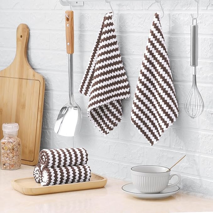 Homaxy 12 Pack Kitchen Dish Cloths, Ultra Soft and Absorbent Dish Towels, Reusable Fast Drying Microfiber Cleaning Cloth, Coral Velvet Wave Design No-lint, 10 x 10 inches, Brown