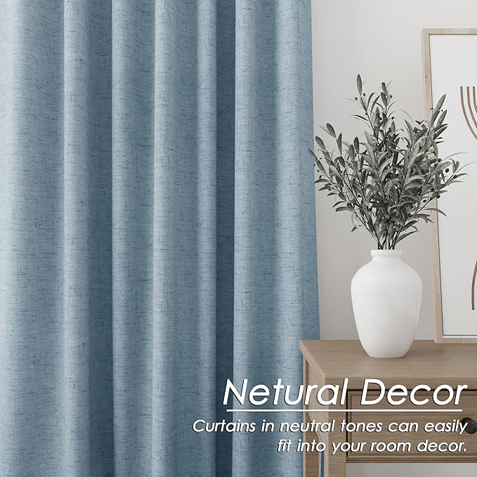 Blue Linen Blackout Curtains 120 Inch Length 2 Panels Set Extra Long 10 Ft Back Tab Pocket Drapes Thermal Insulated Total Blocking Curtains for Dining Room Cottage High Window Curtain 52x120 Inch