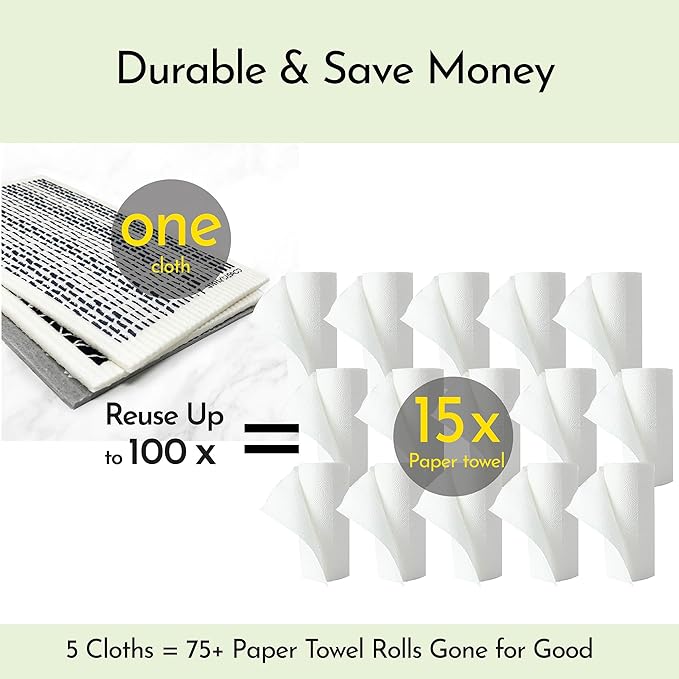 Long 5‑Pack Swedish Dishcloths – Reusable, Cellulose Sponge Dish Cloths for Washing Dishes, Paper Towel Replacement, Plastic-Free Packaging, Super Absorbent