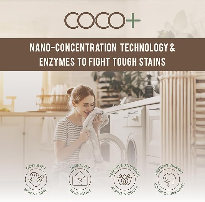 COCO+ Laundry Detergent Sheets - Nano-Concentrated with Enzymes, Hypoallergenic & Plant-Based - Deep Clean, Safe for Sensitive Skin - (120 Loads 60 Sheets) - Fragrance Free