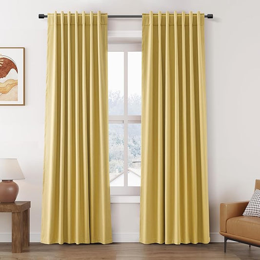 Nanspring Gold Linen Blackout Curtains 84 Inches Long Back Tab Rod Pocket Heat Reducing Noise Cancelling Total Sun Blocking 2 Panels Set for Sliding Door Boho Farmhouse Curtains Drapes 52x84