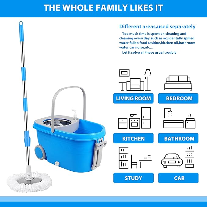 Mop and Bucket with Wringer Set for Home，360° Spin Mop and Bucket on Wheels and 3 Microfiber Mop Refills, Stainless Steel 61" Extended Handle Spinning Mop Bucket System for Floor Cleaning