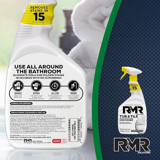 RMR - Tub and Tile Cleaner, Mold & Mildew Stain Remover, Industrial-Strength, No-Scrub Foam Cleaner, Modern Orchard Scent, 30 Fl Oz