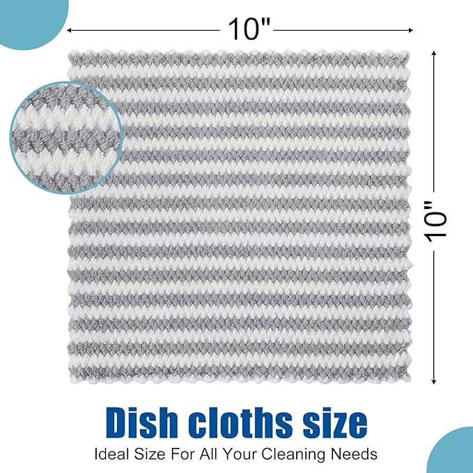 Homaxy 12 Pack Kitchen Dish Cloths, Ultra Soft and Absorbent Dish Towels, Reusable Fast Drying Microfiber Cleaning Cloth, Coral Velvet Wave Design No-lint, 10 x 10 inches, Grey