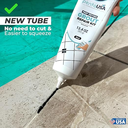 PentaUSA Tile Grout - 13.4 oz Black Grout Filler Repairs Renews Tube, Fast Drying Grout Repair Kit, Odorless Formula - Grout Floater Included (Black 13.4oz / 380gr)