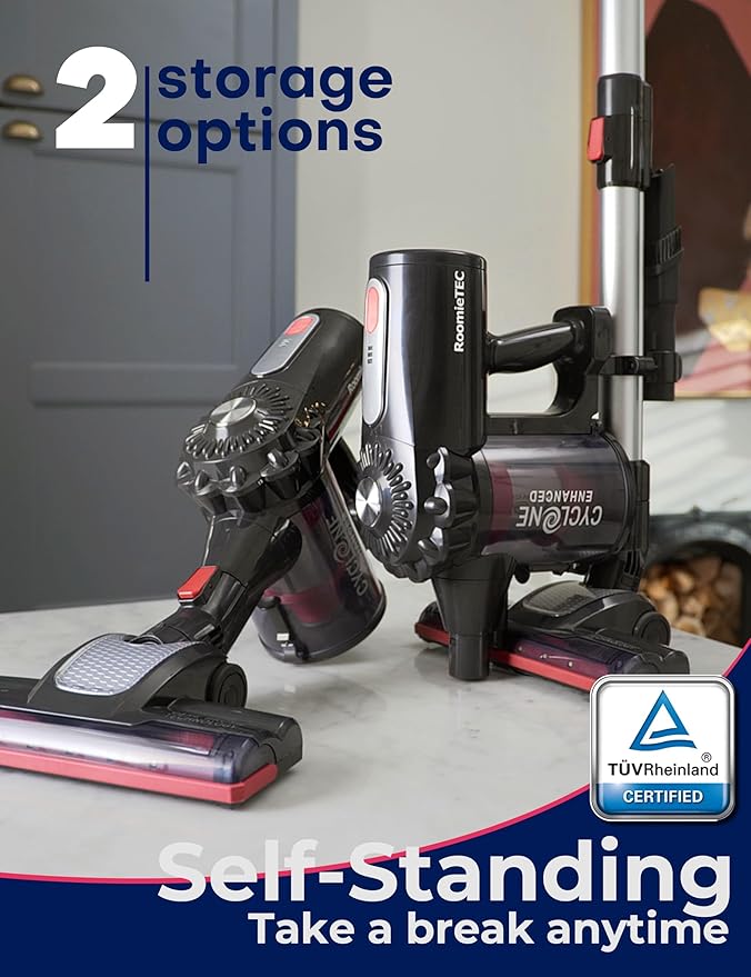 Roomie Tec StickVac Cordless Vacuum Cleaner for Home – 2200mAh Battery, High Suction Power, Lightweight & Self-Standing Design, with HEPA Filter and LED Lights - for Floors, Cars & Dorm Cleaning