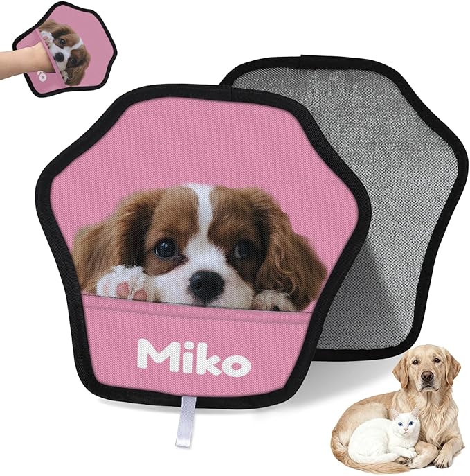 XIOBODR Personalized Pet Hair Remover Glove for Dogs & Cats - Custom Photo & Name Magic Brush for Dog Cat Hair Removal, Reusable Electrostatic Pet Hair Gloves for Furniture Carpet Couch, Photo Pink