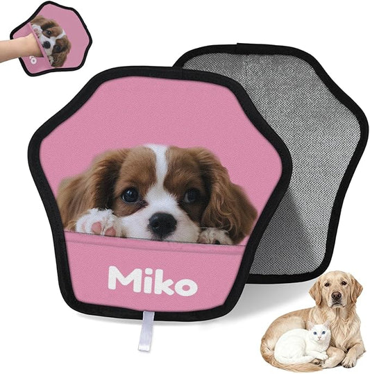 XIOBODR Personalized Pet Hair Remover Glove for Dogs & Cats - Custom Photo & Name Magic Brush for Dog Cat Hair Removal, Reusable Electrostatic Pet Hair Gloves for Furniture Carpet Couch, Photo Pink