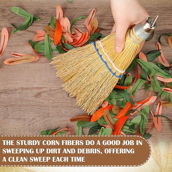 Suclain 4 Pcs 12 Inch Whisk Broom Hand Held Mini Corn Straw Whisk Broom Short Handle with Metal Hanger Halloween for Multi Surface Sweeping Small Hand Brush for Outdoor Car Porch Debris Dust Dirt