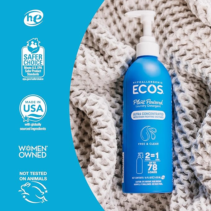 ECOS Ultra Concentrated Liquid Laundry Detergent, Sustainable Aluminum Bottle, Up to 78 Washer Loads - Hypoallergenic Laundry Soap - High Efficiency & Standard Machine Washing - Free & Clear, 16 Fl Oz