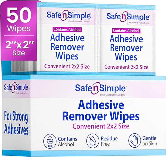 Safe n' Simple Adhesive Remover for Skin - 2”x2” 50 Packets - Adhesive Remover Wipes - Adhesive Remover Wipes Alcohol - Medical Isopropyl Alcohol Cleansing Pads Individually Wrapped