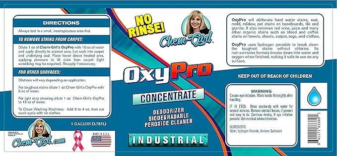 Chem-Girl OxyPro Concentrated Multi-Purpose Surface Cleaner to the Rescue - Chlorine-Free, Oxygen-Powered Stain & Odor Remover, 5 Percent Hydrogen Peroxide (H2O2), 1 Quart