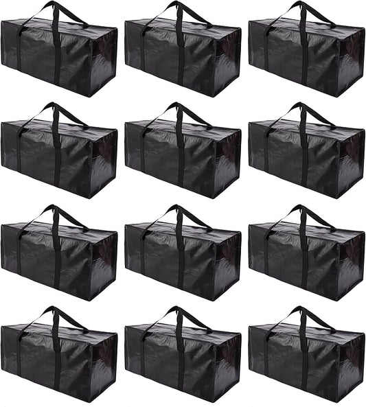 Extra Large Moving Bags with Zippers & Carrying Handles, Heavy-Duty Storage Tote for Space Saving Moving Storage, Fold Flat, Alternative to Box and Bin - 12 Pack, Black