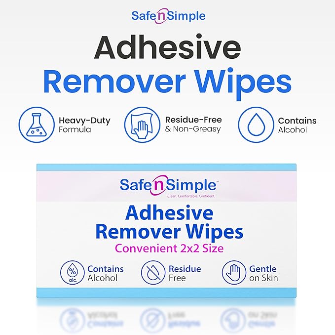 Safe n' Simple Adhesive Remover for Skin - 2”x2” 50 Packets - Adhesive Remover Wipes - Adhesive Remover Wipes Alcohol - Medical Isopropyl Alcohol Cleansing Pads Individually Wrapped