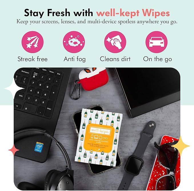 Well-Kept Tech & Lens Wipes - Eyeglass, Screen & Phone Cleaning, Multi-Surface, Lint-Free, Pre Moistened, Streak-Free & Non Scratching - Bubbly, 6 Pack (90 Count)