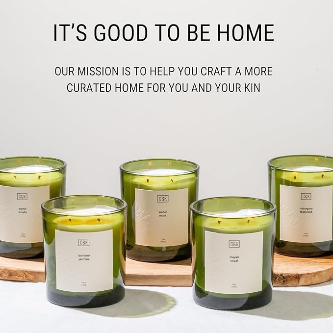 Craft & Kin 12oz Santal Woods Candle for Home | Premium Green Fall Scented Candles for Men | Made with Natural Soy | Gifts for Men and Women | Nature Collection