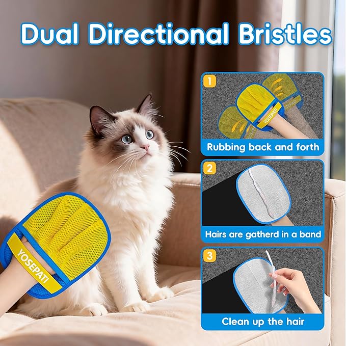 YOSEPATI Thickened Ectrostatic Pet Hair Removal Glove for Cat & Dog, Upgraded Five-Finger Reusable Magic Brush Pet Hair Remover Tool for Couch, Clothing, Carpet & Car Seat (2Pcs-Blue & Yellow)