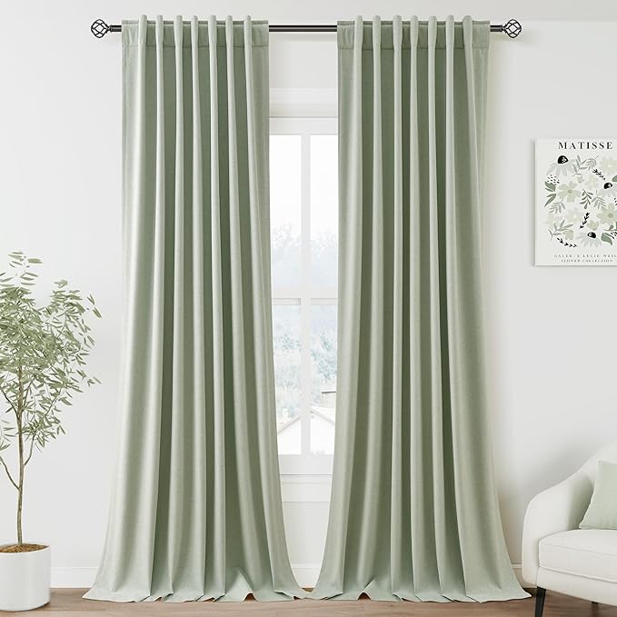 Full Black Out Mist Sage Window Curtains 108 Inches Long Loop Pocket Rod Pocket Sound Absorbing Light Blocking 2 Panels Set for Dining Room Neutral Rustic Modern Farmhouse Curtains Drapes 52x108