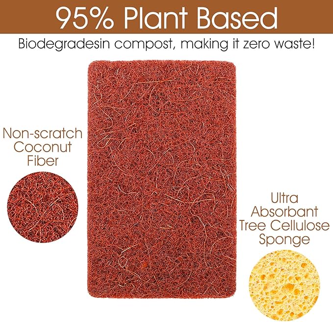 48 Pack Natural Plant Based Scrub Sponge, Palm Fiber Scrubbing Sponge with Non Scratch Compostable Sponges,Long Lasting No Smell Dishwashing Kitchen Scrubber