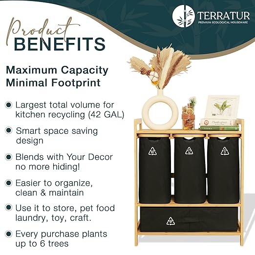4 Section Recycling Bin for Kitchen – Dual Trash and Recycle Bins for Paper, Plastic, Cans – Indoor Bamboo Recycling Organizer – Decorative Wooden Recycle Bins for Kitchen & Office