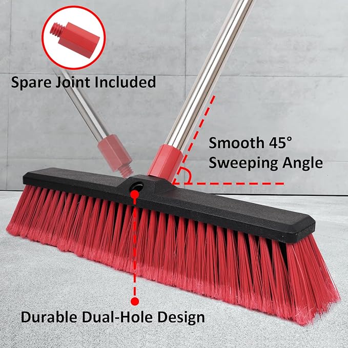 Honclea 18” Push Broom with 70” Adjustable Handle - Heavy Duty Outdoor Broom for Shop, Garage, Patio, Driveway, Yard & Deck Cleaning