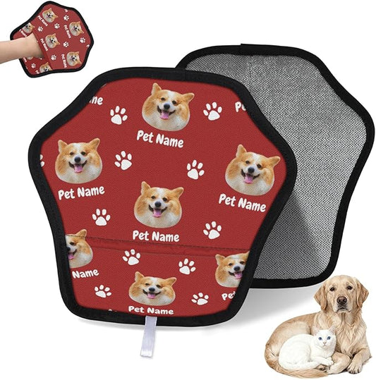 XIOBODR Personalized Pet Hair Remover Glove for Dogs & Cats - Custom Photo & Name Magic Brush for Dog Cat Hair Removal, Reusable Electrostatic Pet Hair Gloves for Furniture Carpet Couch, Face Paw Red