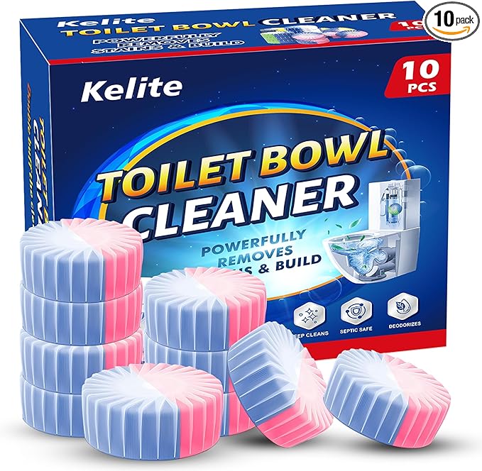 KELITE Automatic Toilet Bowl Cleaner Tablets, 10 Pack Long-Lasting Toilet Tank Cleaner for Bathroom, Blue Water Freshener, Prevents Stains & Odor, Safe for All Toilets (1, 10 Pack (Pink+Blue))