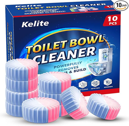 KELITE Automatic Toilet Bowl Cleaner Tablets, 10 Pack Long-Lasting Toilet Tank Cleaner for Bathroom, Blue Water Freshener, Prevents Stains & Odor, Safe for All Toilets (1, 10 Pack (Pink+Blue))