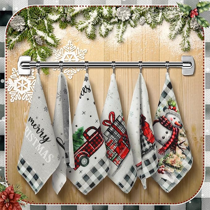 36 Pcs Christmas Reusable Paper Towels Rolls Washable Bulk Christmas Snowman Snowflake Black White Plaid Kitchen Towels Paperless Cloth Cotton Napkins with Cardboard for Kitchen Bathroom