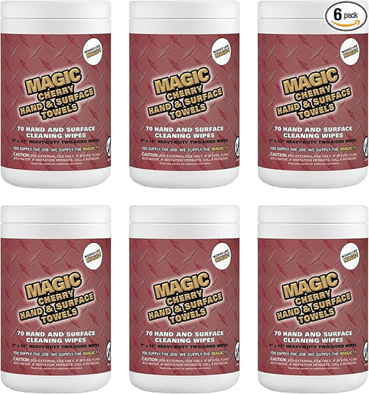 Magic Cherry Scented Heavy Duty Cleaning Wipes - Dual Sided Hand & Surface Shop Towels | Professional-grade Cleaning | Waterless | Cleans Grease, Oil, Dirt, & more (6 Pack | 420 Sheets Total)