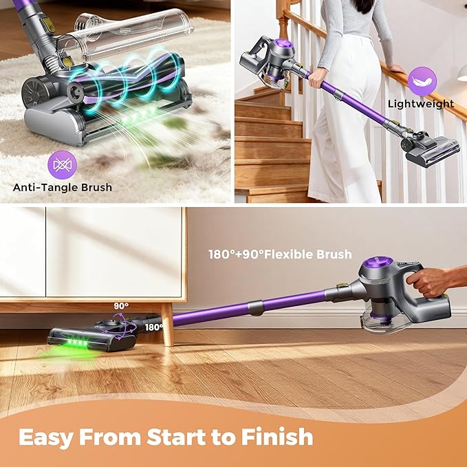 UML0 Cordless Vacuum Cleaner, 40Kpa Powerful Suction Stick Vacuum Cleaners for Home, 45 Mins Runtime, 1.6L Dust Box, Anti-Tangle, 8-in-1 Rechargeable Vacuum for Hardwood Floor, Carpet, Pet Hair