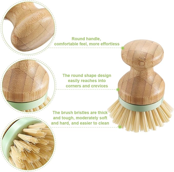 4 Pieces Bamboo Dish Scrub Brush with Holders Wooden Bamboo Round Scrubbers Stiff Bristles Pot Brushes for Wash Dishes, Pots, Pans, Kitchen Iron Pot Pan Sink(Classic Style,Green)