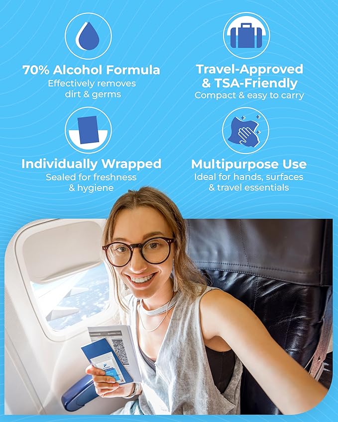 40 Count Sanitizing Wipes, 70% Alcohol, Individually Wrapped, Wet Wipes, Travel Size, Airplane Essentials