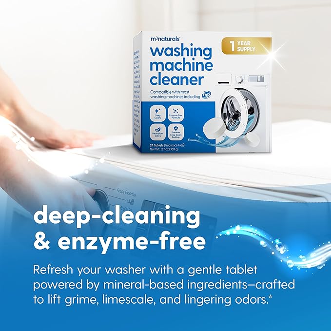 M3 Naturals Washing Machine Cleaner for HE Front & Top Load, 24 Tablets for Sensitive Skin, Formulated to Remove Grime, Residue and Odor, Septic Tank Friendly, 1-Year Supply