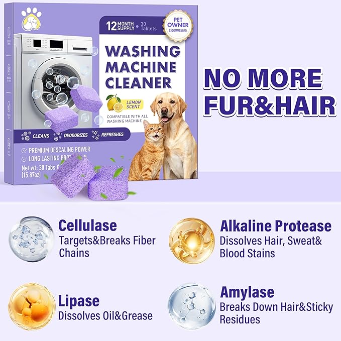 edoia 30 Pack Washing Machine Cleaner Tablets, Deep Cleaning for HE, Front＆Top Loader Washer, Natural Fresh Formulared for Pet Owners, Heavy Duty, Septic Safe (Over 12 Month Supply), 15G, Purple