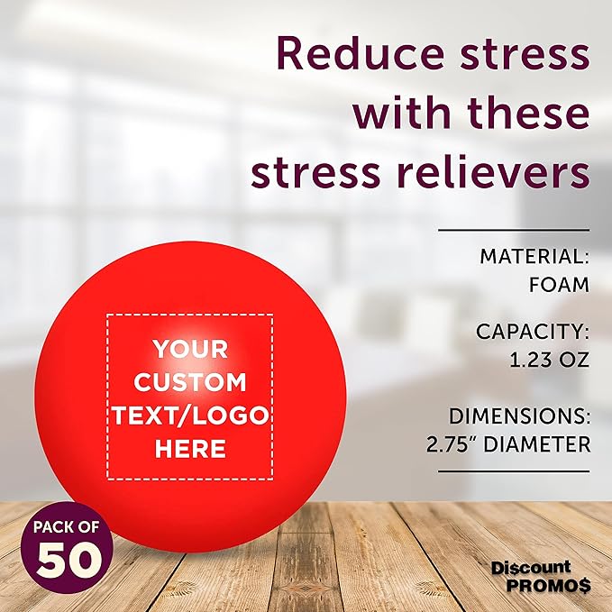 Custom Stress Balls for Adults, Hand Exercise, 50 Pack, Personalized Text, Logo, Perfect for Your Desk, Office, or Home, Red