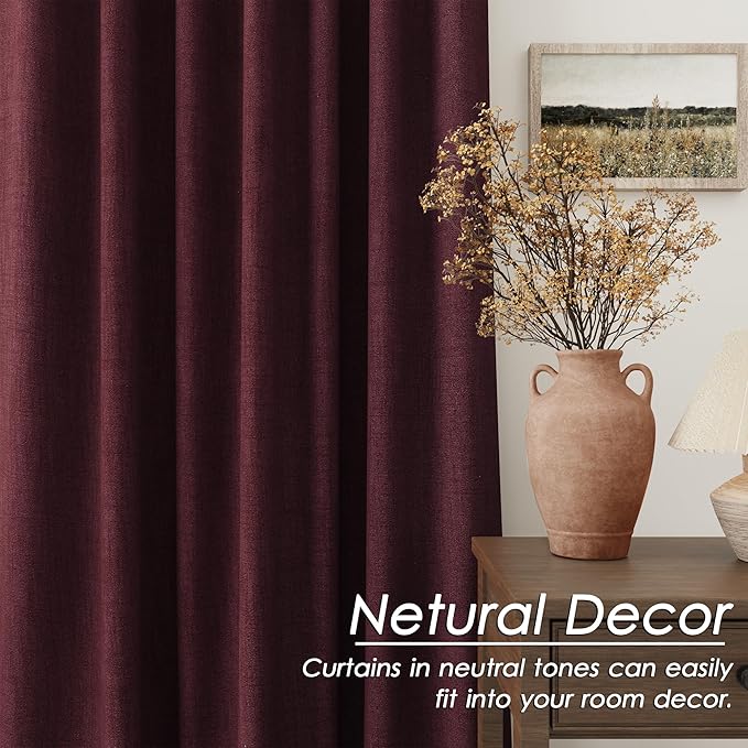 Nanspring Burgundy Linen Blackout Curtains 84 Inches Long Back Tab Rod Pocket Cooling Noise Reducing Thermal Insulated 100% Blackout 2 Panels Set for Bedroom Elegant Modern Curtains Drapes 52x84