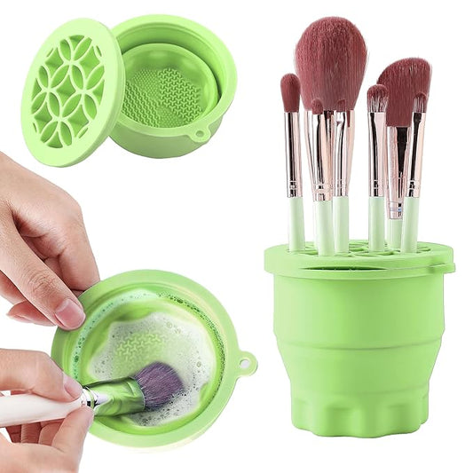 Makeup Brush Cleaner - Foldable Silicone Makeup Brush Cleaner Mat with Brush Storage Holder Makeup Brush Cleaning Bowl Cosmetic Brush Washing Tool for Cleaning Organizer and Drying (Green)