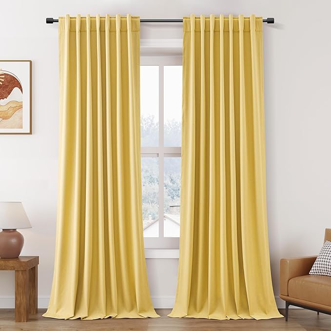 Gold Yellow Linen Blackout Curtains 102 Inches Long Thermal Insulated Back Tab Rod Pocket Flax Linen Sound Absorbing Blackout 2 Panels Set for Dining Room Modern Urban Curtains Drapes 52x102